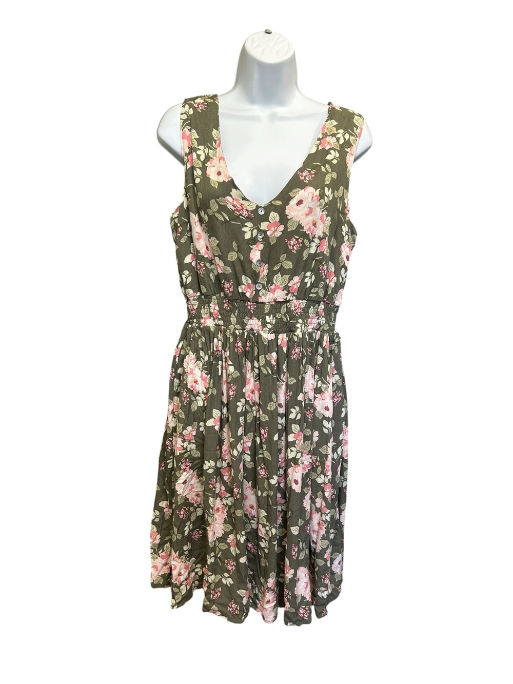 Warehouse One Floral Smocked Waist Pockets Olive Green Dress Size M